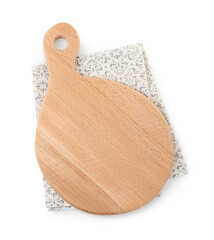 Wooden cutting board and napkin isolated on white, top view