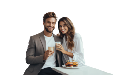 Happy couple enjoying a casual lunch date with burgers and coffee in a modern cafe against transparent background