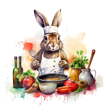 Watercolour image in style Hare cook, colourful saturated image, clipart on white background 