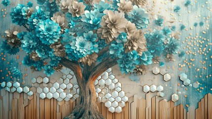 Ethereal tree in a 3D mural on wooden oak with white lattice tiles, turquoise, blue, brown foliage, blended backdrop, colorful hexagons, simple floral pattern.
