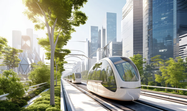 Futuristic public transport next to green space. Modern city tram on the background of the evening metropolis. Generative AI