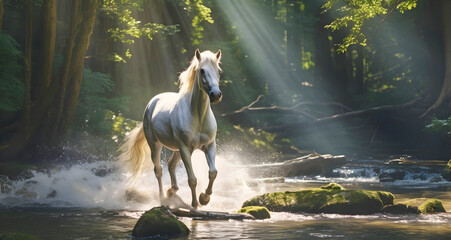 Beautiful white horse running through sunlit forest along shallow river ideal for a spiritual theme