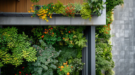 Fototapeta na wymiar Vegetação exuberante transborda da beirada de uma varanda moderna e elegante suavizando as linhas duras da paisagem urbana
