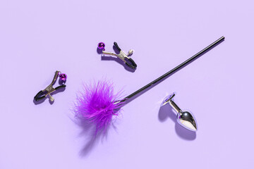 Anal plug, nipple clamps and feather stick from sex shop on purple background