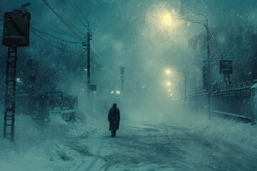 A man walks through a winter city, a sharp squall wind knocks him off his feet, signs and telegraph poles fall, a blizzard blows