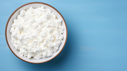 Cottage cheese in a bowl on a blue background, top view	