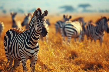 Fototapeta premium Africa sunset. Plains zebra, Equus quagga, in the grassy nature habitat with evening light. Sunset in savanah. Animals with big trees.