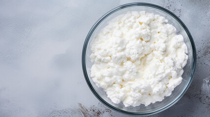 Cottage cheese in a glass bowl on a grey background, top view
