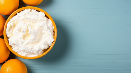Cottage cheese in a bowl with oranges on a blue background, top view
