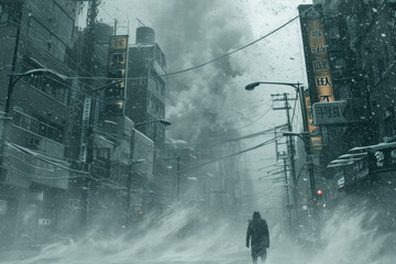 A man walks through a winter city, a sharp squall wind knocks him off his feet, signs and telegraph poles fall, a blizzard blows