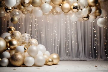 Festive ambiance with white and gold Christmas decorations for cards, invitations, or advertisements. Generative AI