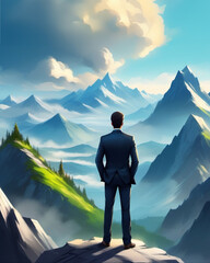 Obraz premium Business Man In A Suit Standing On Top Of A Mountain, Illustration