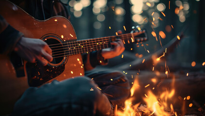 Obraz premium Close-up of an acoustic guitar in a musician's lap, blurred background of a bonfire