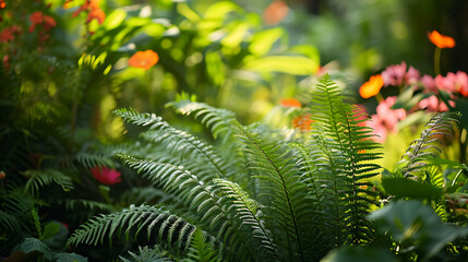 Verdes exuberantes samambaias e vibrantes flores silvestres criam um oásis encantador suas delicadas pétalas e folhas reluzindo na suave luz da manhã