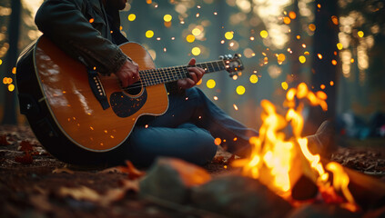 Obraz premium Close-up of an acoustic guitar in a musician's lap, blurred background of a bonfire