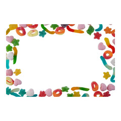 Colorful assorted gummy candies border isolated transparent