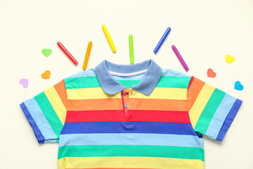 Colorful t-shirt with felt-tip pens and paper hearts on white background. LGBTQ concept