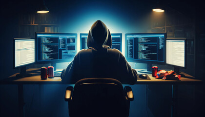 A hacker sits in a dark room viewing multiple computer monitor screens - obrazy, fototapety, plakaty