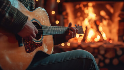 Obraz premium Close-up of an acoustic guitar in a musician's lap, blurred background of a bonfire