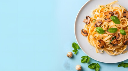Pasta mushrooms with parmesan and basil on light blue background, copy space, top view - obrazy, fototapety, plakaty