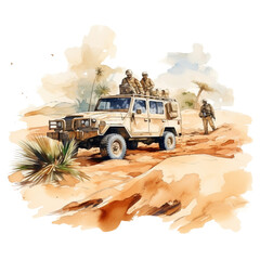 Watercolor military in the desert isolated on a white background