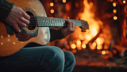 Obraz premium Close-up of an acoustic guitar in a musician's lap, blurred background of a bonfire