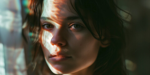 Intimate portrait of a woman with striking eyes, sunlight casting intricate shadows across her face