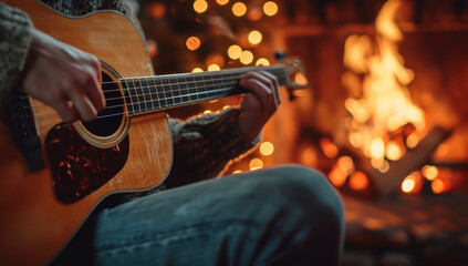 Fototapeta premium Close-up of an acoustic guitar in a musician's lap, blurred background of a bonfire
