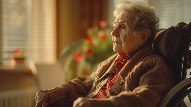 Elderly woman's sitting in wheelchair indoors Care and Volunteer in a Disability Nursing Home Concept