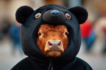 Stock market mascot the bull is dressed up in a bear costume. Bull pretending to be a bear for halloween - obrazy, fototapety, plakaty