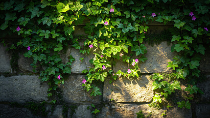 Fototapeta na wymiar Folhagem verde exuberante cai pelos lados de um muro de pedra envelhecida criando uma atmosfera serena e encantadora