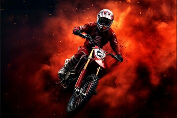 motocross rider action shot with dirt spray red background