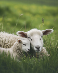 A newborn lamb nestled beside its mother in a field of green grass