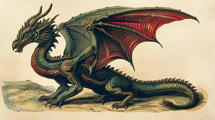 Vintage style dragon engraving illustration with green scales and red wings, evoking classic fantasy and folklore