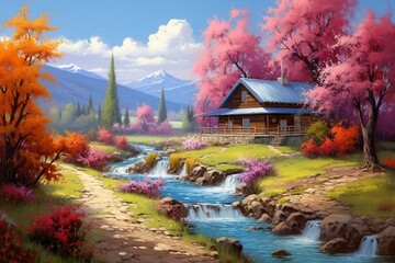 Beautiful countryside view: cozy house, colorful blossoms, flowing stream in sunny weather. Generative AI