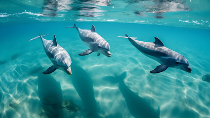 Obraz premium Photo of four dolphins swimming gracefully through turquoise waters. The water is so clear that the bodies of the dolphins are visible from above the surface Ai Generated