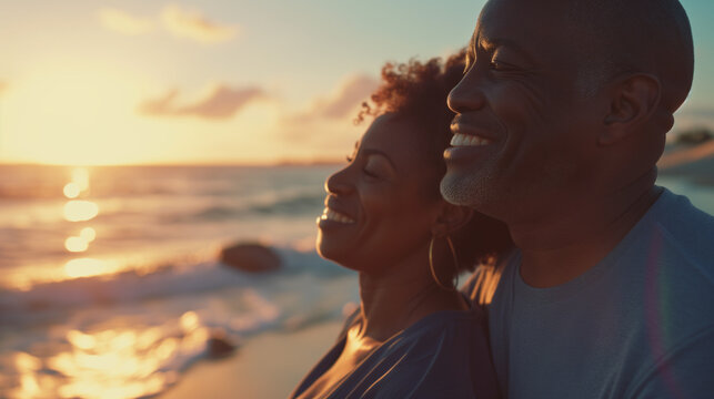 Happy Black African American Senior Couple Embracing On The Beach By The Sea, Candid White Man And Black Woman In Love 