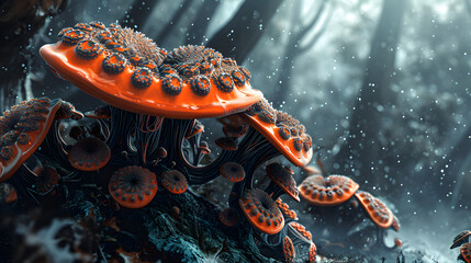 An underwater world of vibrant orange mushrooms beckons to curious marine invertebrates in the mystical forest reef