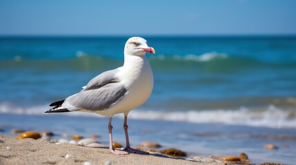 Naklejka premium Seagull Standing on Beach Near Ocean, Coastal Wildlife Photo