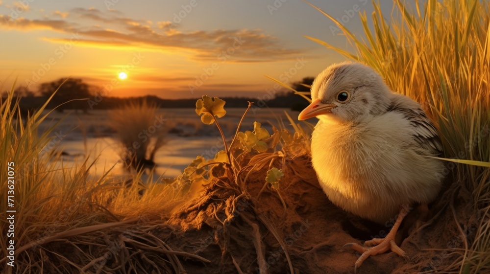 Poster megapode chick hatching from nest with curious expression - ai-generative