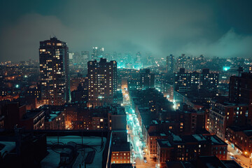 rooftop view of a city at night, wide shot, urban skyline with ambient street lights