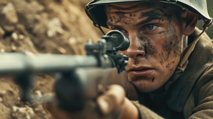 Naklejka premium Frontline Valor: A Young Military Officer in World War II Armed on the Battlefield, a Moment of Courage and Duty.