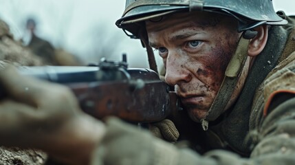 Fototapeta premium Frontline Valor: A Young Military Officer in World War II Armed on the Battlefield, a Moment of Courage and Duty.