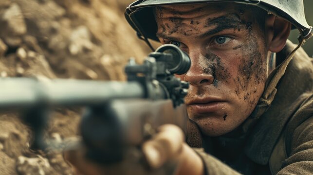 Frontline Valor: A Young Military Officer in World War II Armed on the Battlefield, a Moment of Courage and Duty.