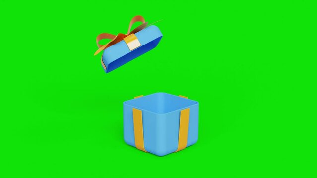 Opening gift box open on green screen. Festivals and celebrations. Gift giveaway, earning prizes, bonus or reward, claim present, gift box. Birthday, anniversary or valentine surprise. 4k 3d animation