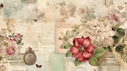 vintage retro scrapbooking paper background with flowers postcards, butterflies