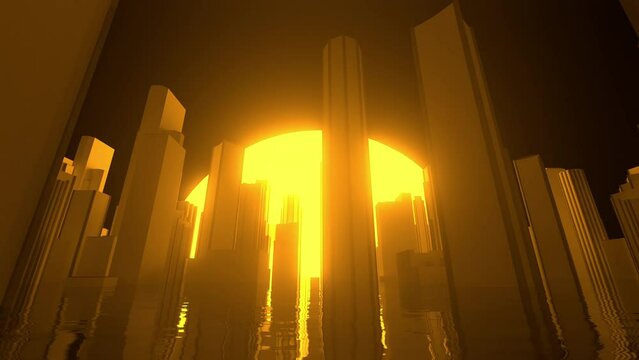 A 3D rendered loop of an urban cityscape on water being backlit by a glowing eclipse.
