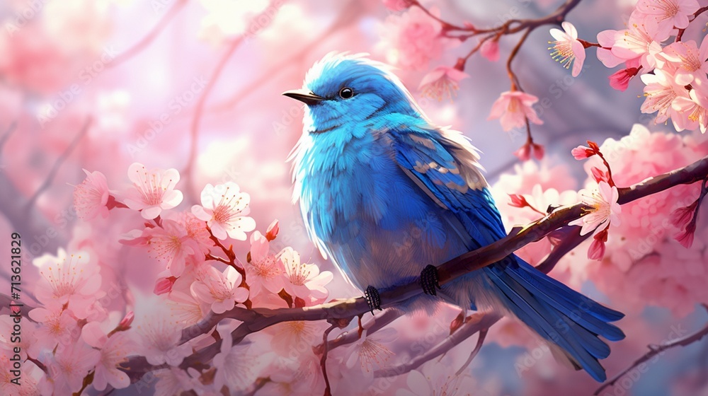 Poster a mesmerizing bluebird perched on a delicate branch against a stunning sky background - ai-generativ