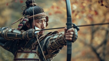 Obraz premium Archery Mastery: A Samurai Archer, Adorned in Traditional Armor, Points the Arrow at the Camera with an Aggressive Look - A Scene Embodying Japanese Archery Artistry.