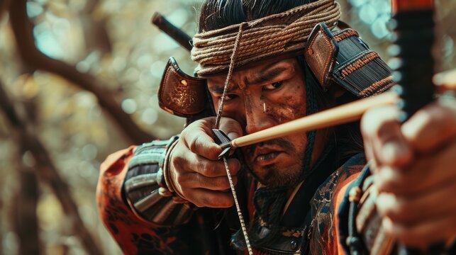 Archery Mastery: A Samurai Archer, Adorned in Traditional Armor, Points the Arrow at the Camera with an Aggressive Look - A Scene Embodying Japanese Archery Artistry.

